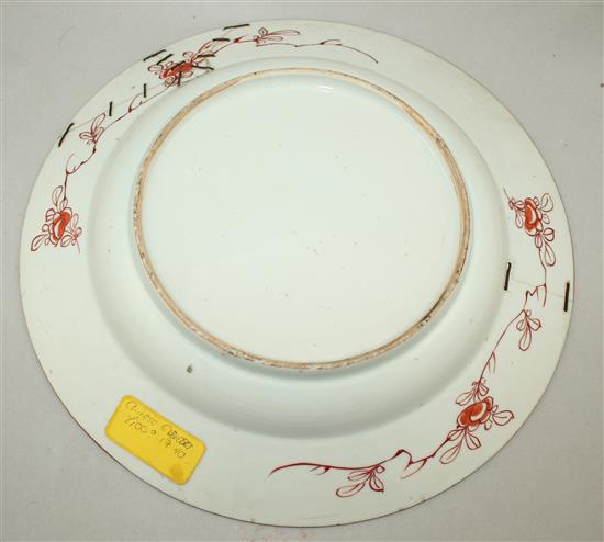 A Chinese famille verte deer and crane dish, Kangxi period, 32cm., section broken and re-stuck